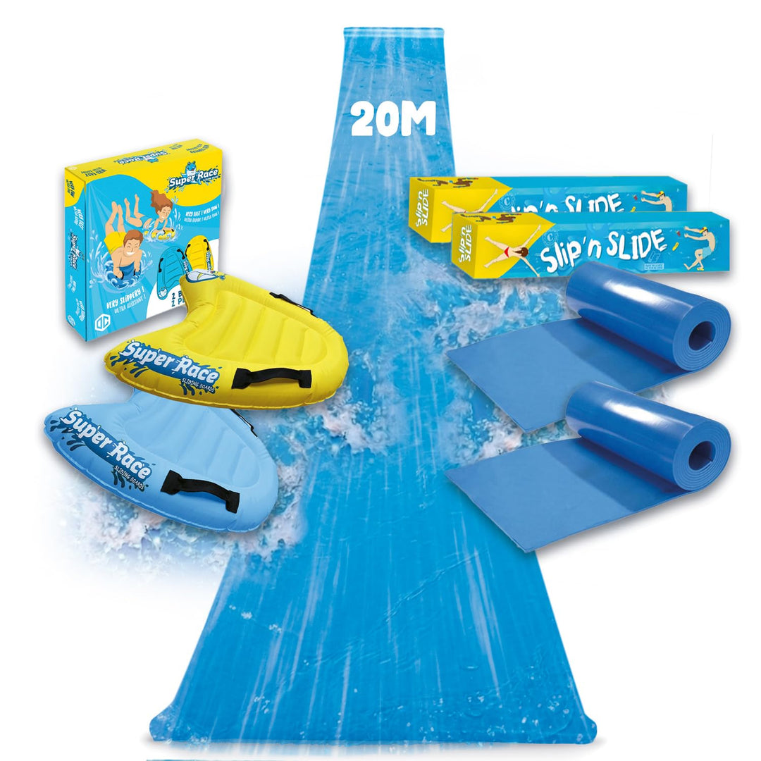 Original Cup Slipn'Slide 20 Meter XXL Pack | 2 Wasserrutschmatte 10 Meter + 2 Bodyboards für bessere