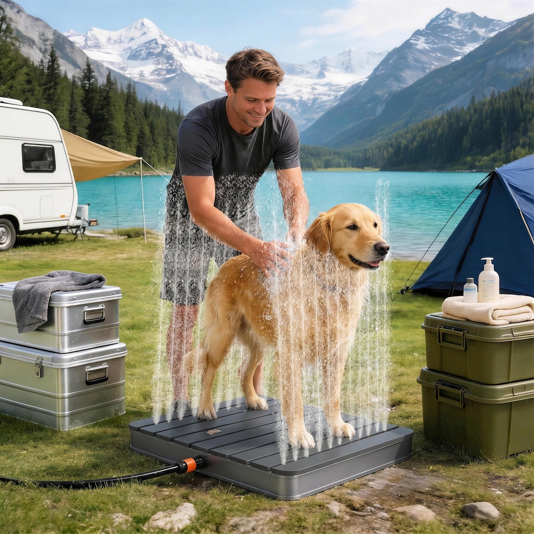 YRHome Gartendusche,Bis 4 m Fontänenhöhe Bodendusche,Aluminium/WPC Campingdusche Mit rutschfeste Sta