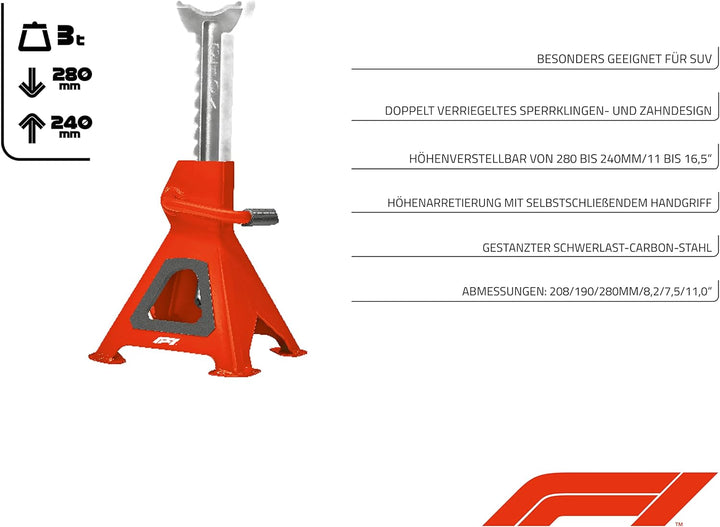 Formula 1 Unterstellbock, 3 Tonnen Traglast, höhenverstellbar von 280 mm bis 420 mm, mit Ratschen-Me