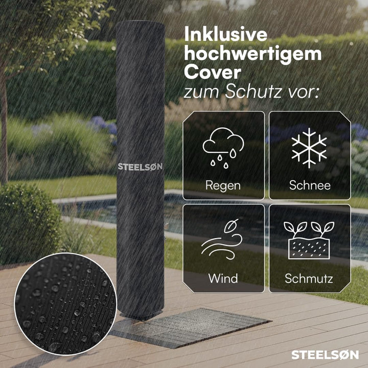 STEELSØN Xypher Solardusche mit Bodenplatte 60L – Gartendusche 60°C – Pooldusche ohne Stromanschluss