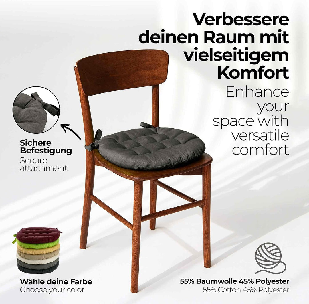 etérea 8er Set Sitzkissen Outdoor 38x38 Rund mit Bändern - Stuhlkissen Anthrazit für Gartenstuhl &amp; I