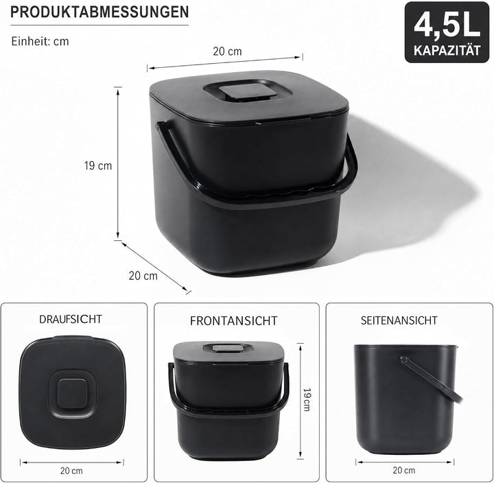 Biomülleimer Küche 4,5 L Kleiner Bioabfallbehälter mit Deckel (Schwarz), Schwarz