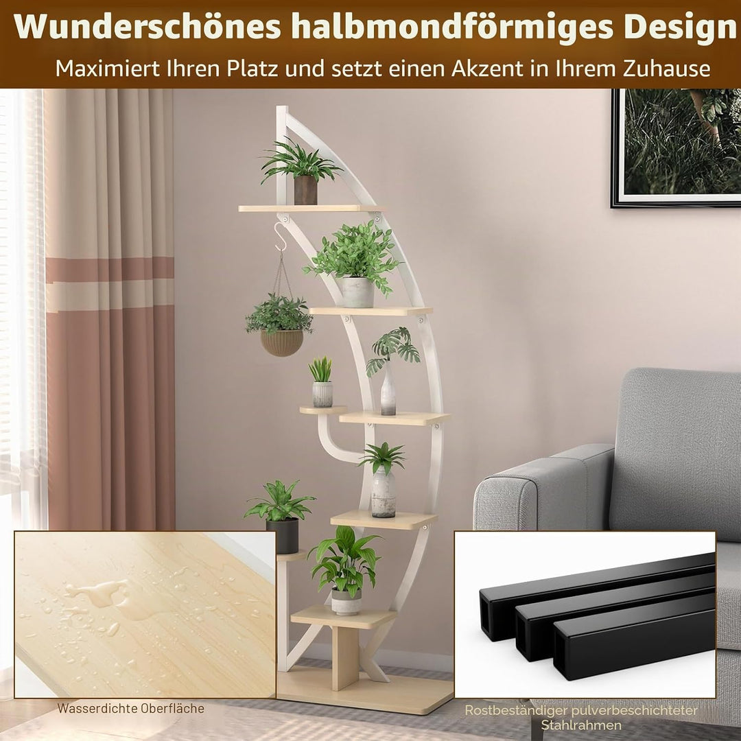 HOMASIS 6 Ebenen Blumenständer aus Metall, Pflanzenregal mit 7 Ablagen &amp; 1 Haken, elegante Halbmondf