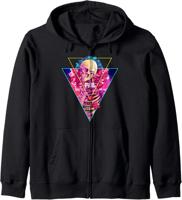 Vaporwave Skelett mit Blumen innerer Turmoil Japanischer Kanji Kapuzenjacke