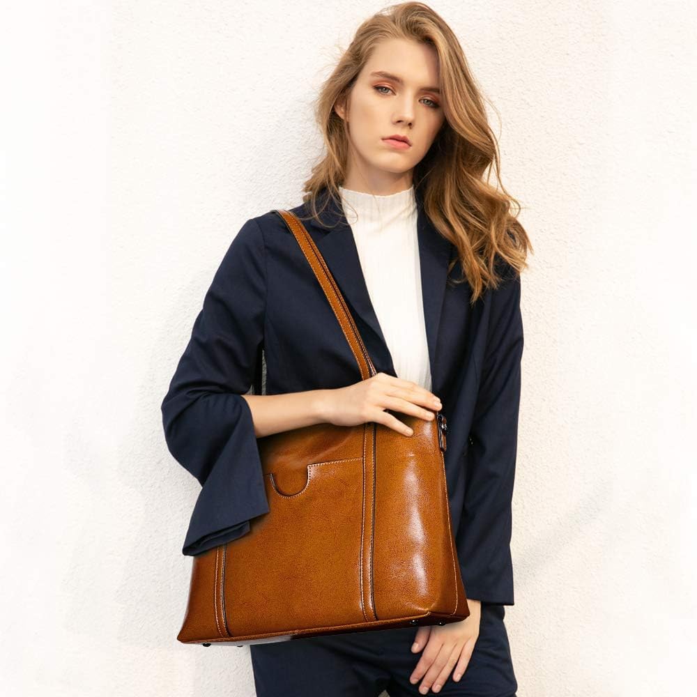 S-ZONE Damen 3-Way Schultertasche Vintage Echtleder Shopper Grosse Mode Laptop Arbeitstasche Umhänge