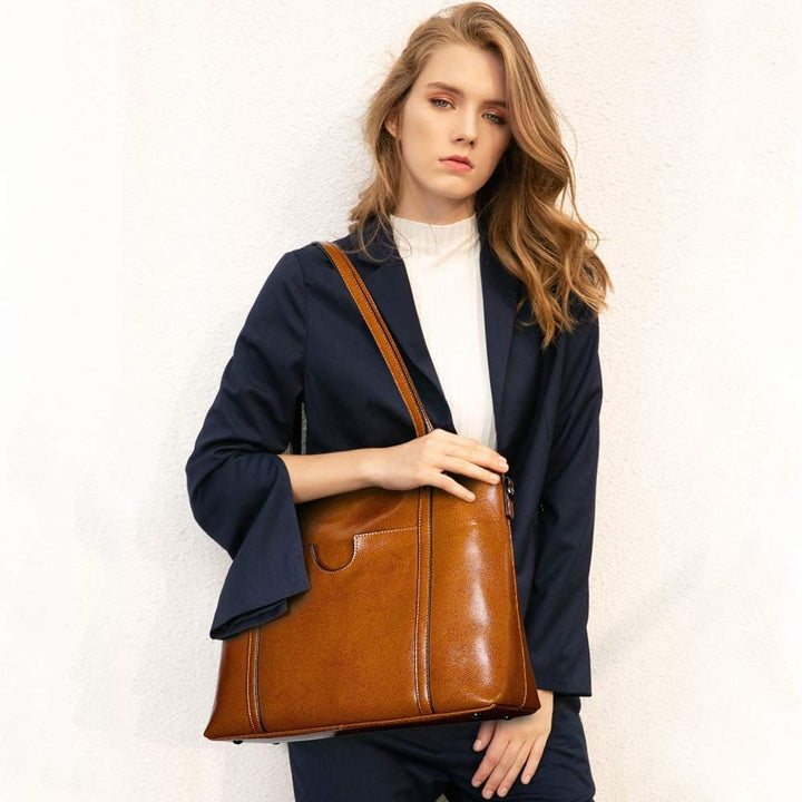 S-ZONE Damen 3-Way Schultertasche Vintage Echtleder Shopper Grosse Mode Laptop Arbeitstasche Umhänge