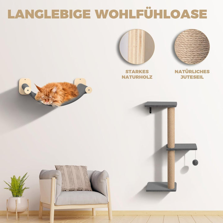 WOOWOOD® Kletterwand Katzen Set inkl. Katzentreppe Wand I Kratzbaum Wand I Hängematte Katze I Wandkr