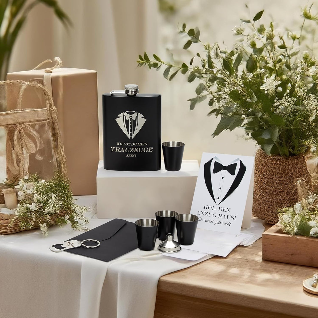 Flachmann mit Gravur 8oz Edelstahl Geschenkset für Trauzeuge und Trauzeugin, Schwarze Geschenkbox mi