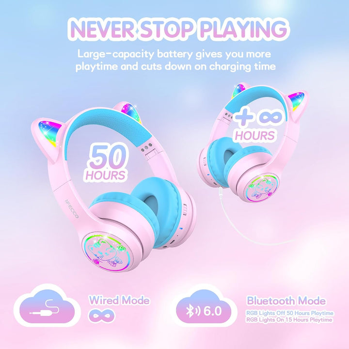 IFECCO Bluetooth Kopfhörer Kinder mit Mikrofon, Kinder Kabellos Kopfhörer mit Tasche, LED-Leuchten K