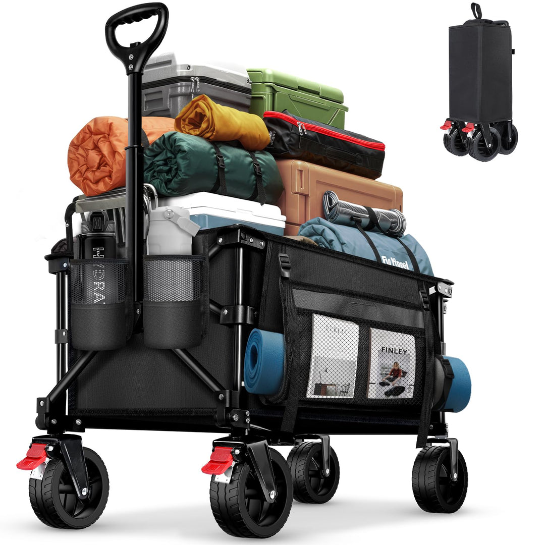 BELEEV Bollerwagen Faltbar mit Bremsen, Handwagen Faltbarer Gross XXL All Terrain Räder, Seitentasch