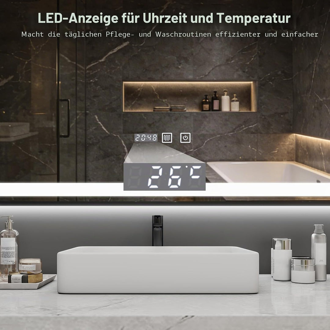 YU YUSING Badspiegel mit Beleuchtung 100x60cm, LED Wandspiegel mit Beschlagfrei, 3 Lichtfarben Dimmb