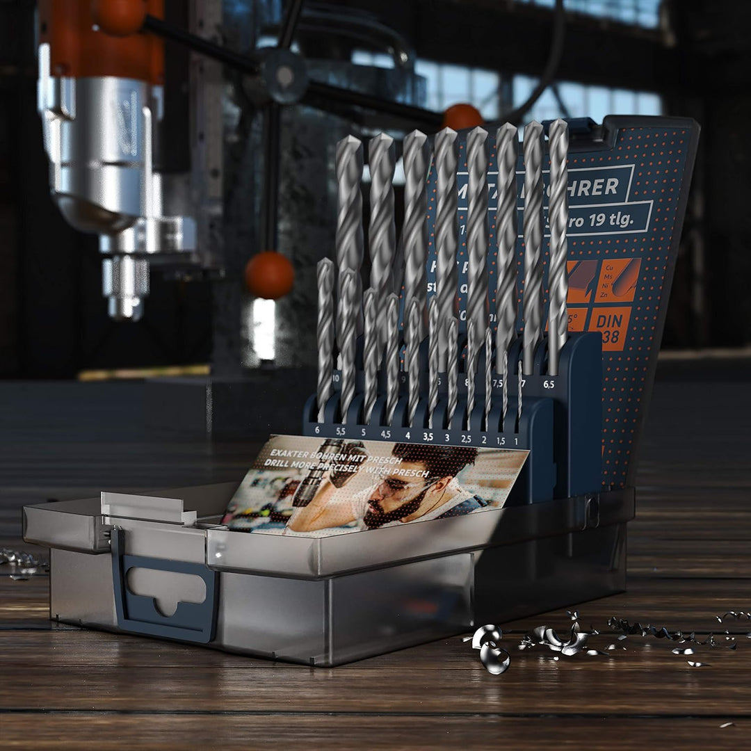 Presch Metallbohrer Set HSS Pro 19-tlg - Präzisionsgeschliffenes, gehärtetes Profi Stahlbohrer Set f