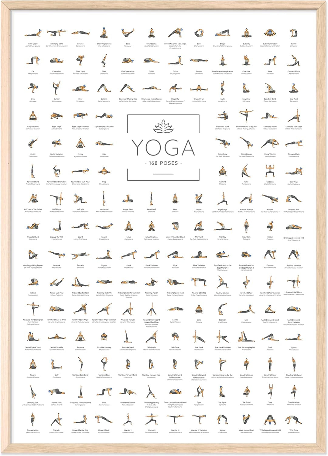 JUNOMI® Yoga Poster DIN A2 mit Rahmen Farbe Eiche, Yoga Zubehör für Studios und Übungen Zuhause, per