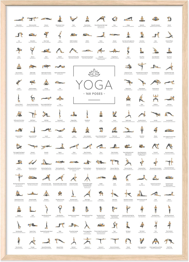 JUNOMI® Yoga Poster DIN A2 mit Rahmen Farbe Eiche, Yoga Zubehör für Studios und Übungen Zuhause, per