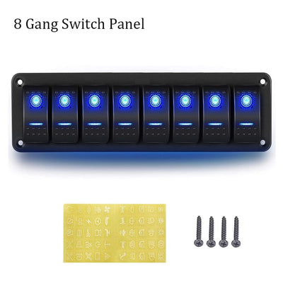 Geloo 8 Gang Schalter Panel, 12V/24V Wasserdichte Kippschalter Panel mit blauer LED-Leuchte Wippscha