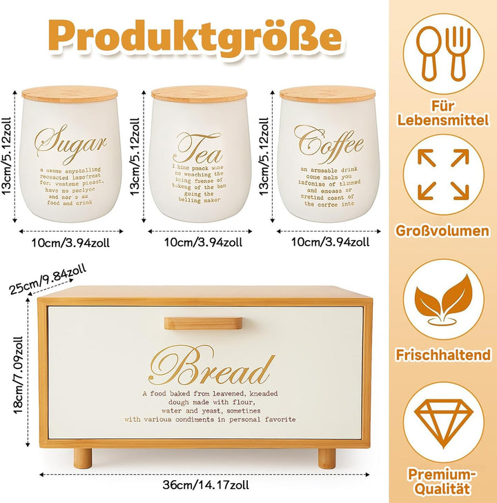 Brotkasten aus Bambus mit 3 Vorratsdosen aus Eisen – Küchen-Aufbewahrungsset mit „Sugar“, „Tea“, „Co