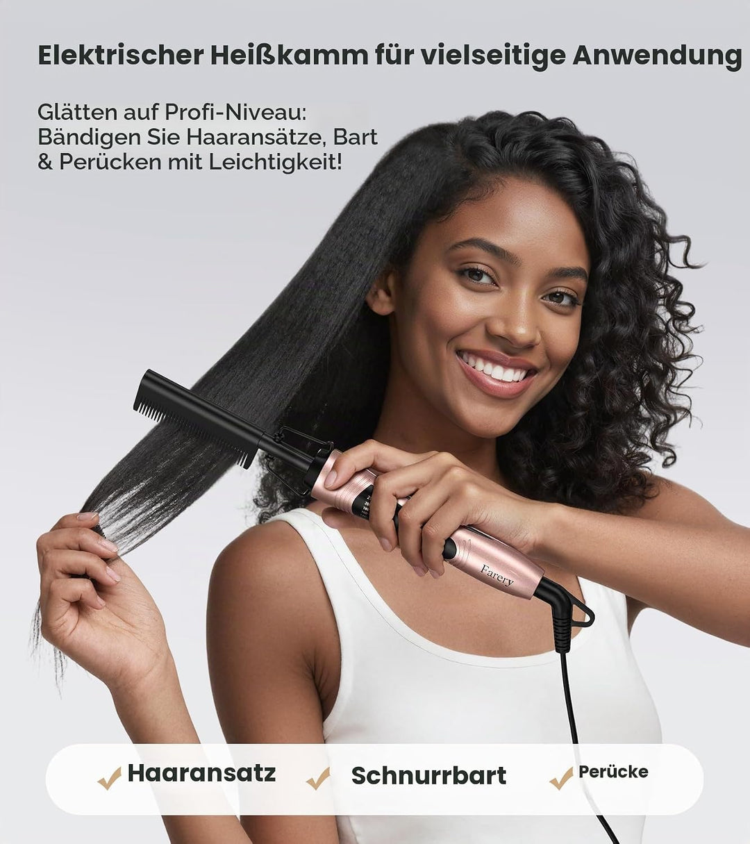 Farery Elektrischer Heisskamm Haarglätter Bürste für Perücken, Glätteisen Bartglätter für Afro Haare