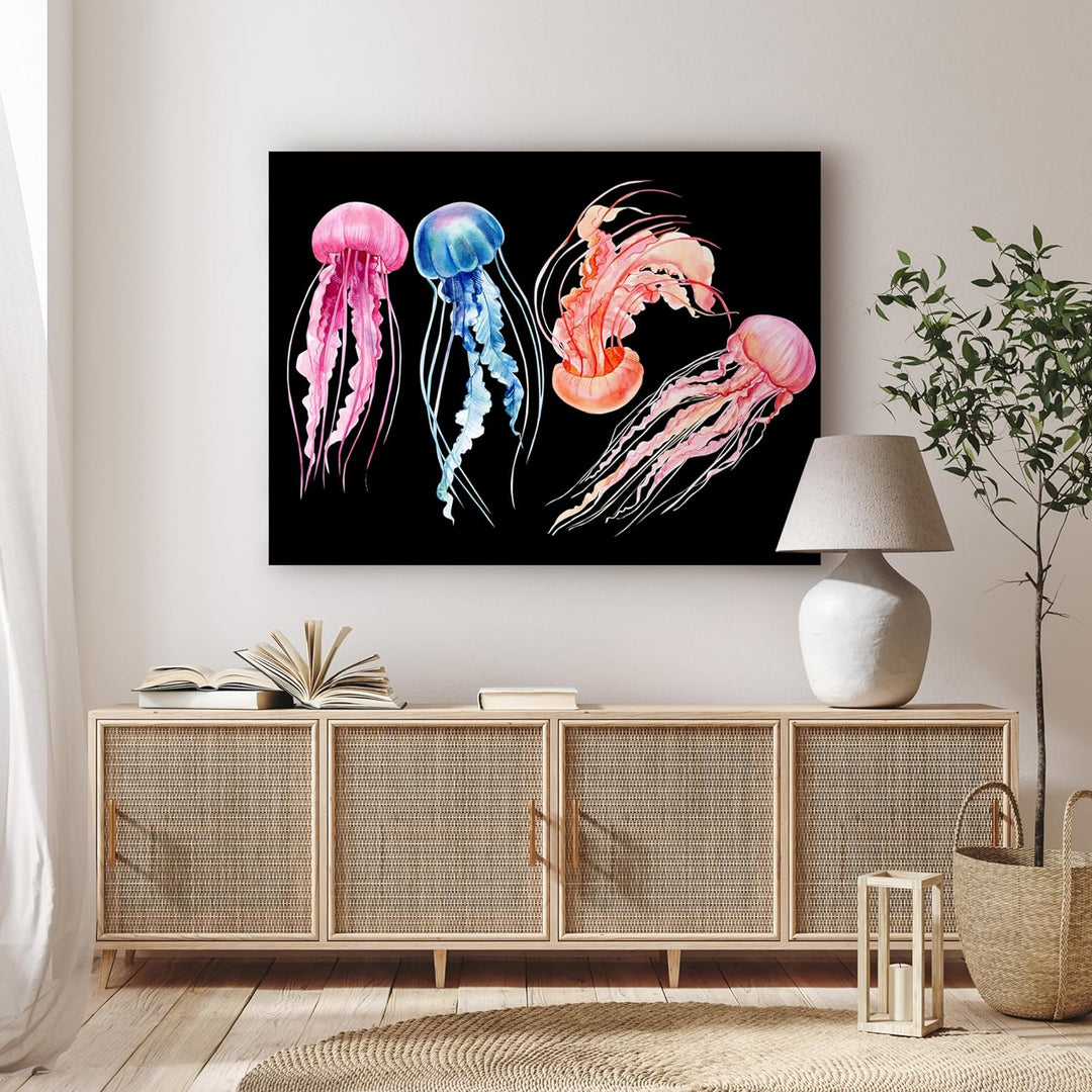 wandmotiv24 Maritime Deko als Leinwandbild, 100x75cm, Querformat, Bunte Quallen, Aquarell Gemälde, T