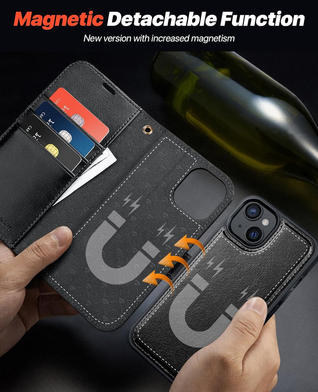 OCASE iPhone 15 Plus Hülle(2in1) Leder Stossfestes Case [Abnehmbare magnetische Hülle] [Kabelloses L