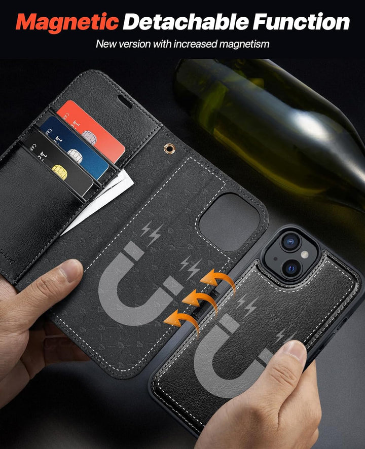 OCASE iPhone 15 Plus Hülle(2in1) Leder Stossfestes Case [Abnehmbare magnetische Hülle] [Kabelloses L
