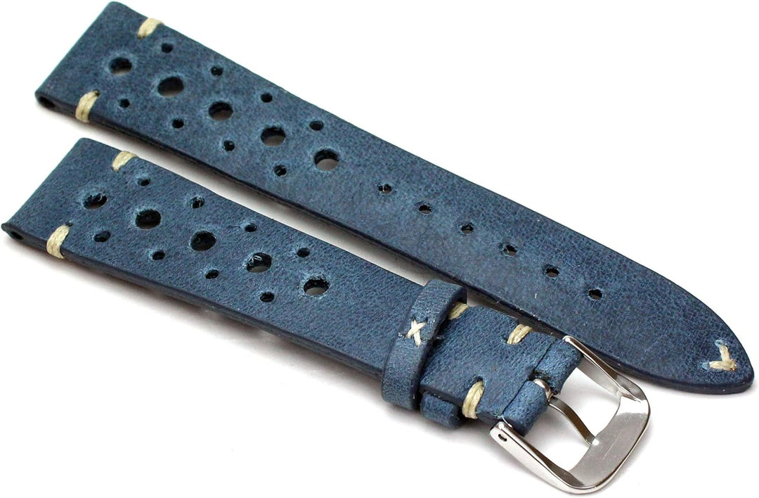 RIOS1931 Rallye Vintage Rindsleder Uhrenarmband handgemacht in Deutschland 19mm blau