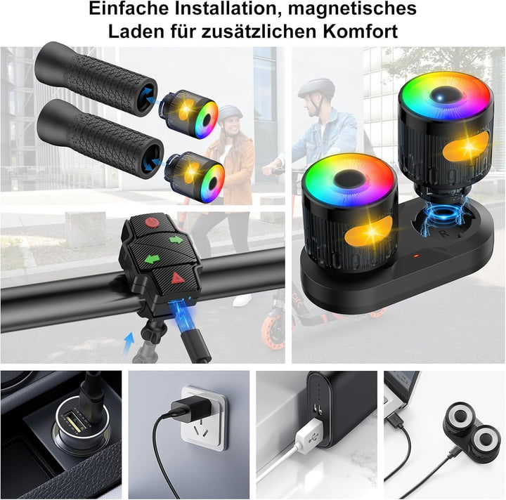 E Scooter Blinker Griff mit Farbwechsel-Lichtern, Roller Blinklicht mit magnetischer Ladestation & F