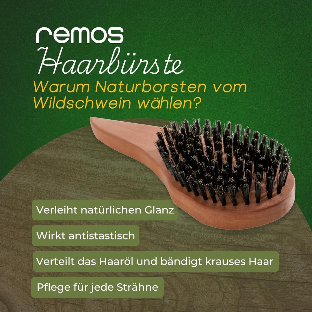 REMOS Natur Haarbürste aus 100% Wildschweinborste mit ergonomischem Griff Rechtshänder Birnbaumholz,