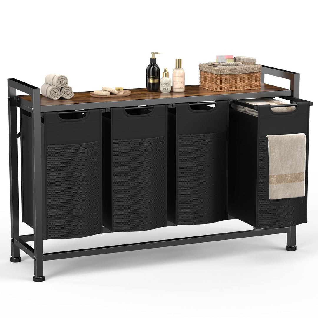 Sweetcrispy Wäschesammler mit Rollen, Wäschekorb 4 Fächer, 160 L, Schwarz | mit Ablage, 4 abnehmbare