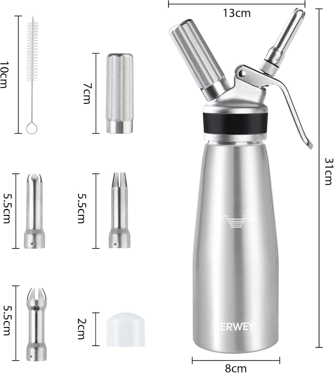 ERWEY Sahnespender 500ML, Sahnesyphon Aluminium, Sahnesprüher Auslaufsicherer Einfach Reinigen mit 3