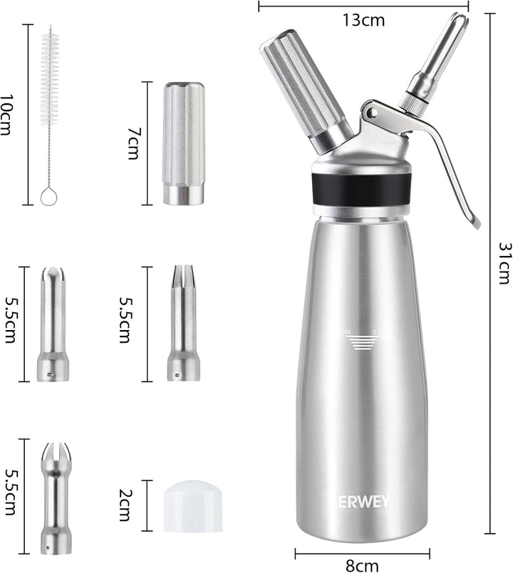 ERWEY Sahnespender 500ML, Sahnesyphon Aluminium, Sahnesprüher Auslaufsicherer Einfach Reinigen mit 3