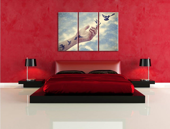 Pixxprint Vögel fliegen in die Freiheit/Format: 3-Teiler (120x80cm) cm/Leinwandbild fertig bespannt