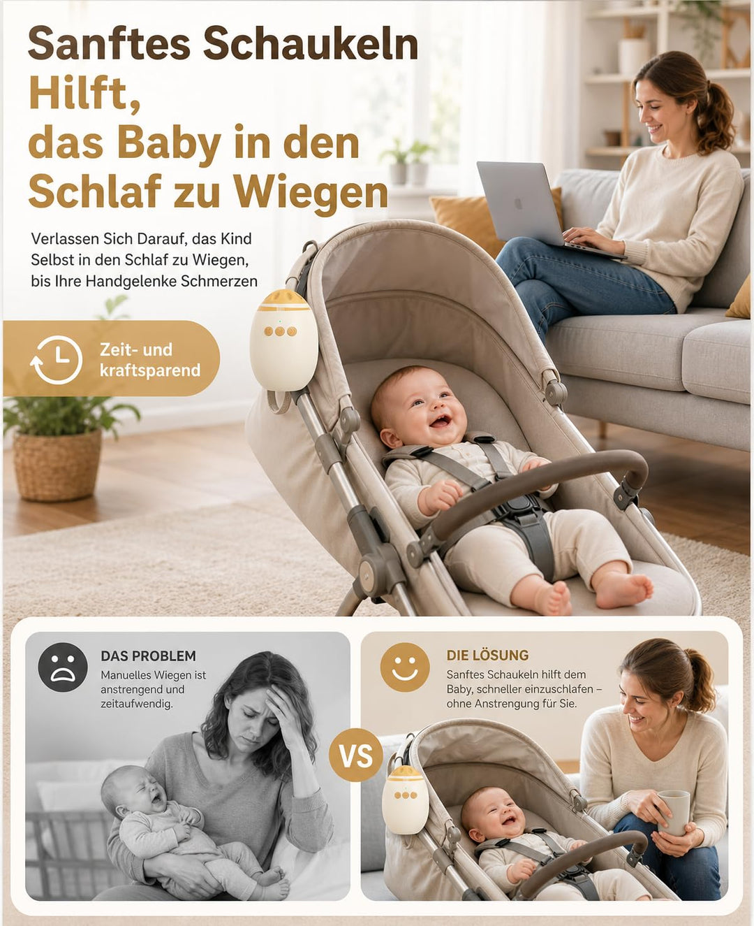 Kinderwagen Schaukler mit 11 Beruhigende Klänge, Wiederaufladbar (USB-C) | Einstellbare Schaukelinte