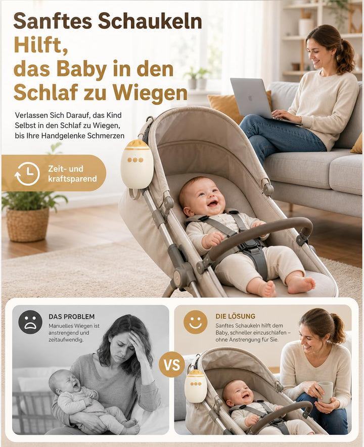Kinderwagen Schaukler mit 11 Beruhigende Klänge, Wiederaufladbar (USB-C) | Einstellbare Schaukelinte