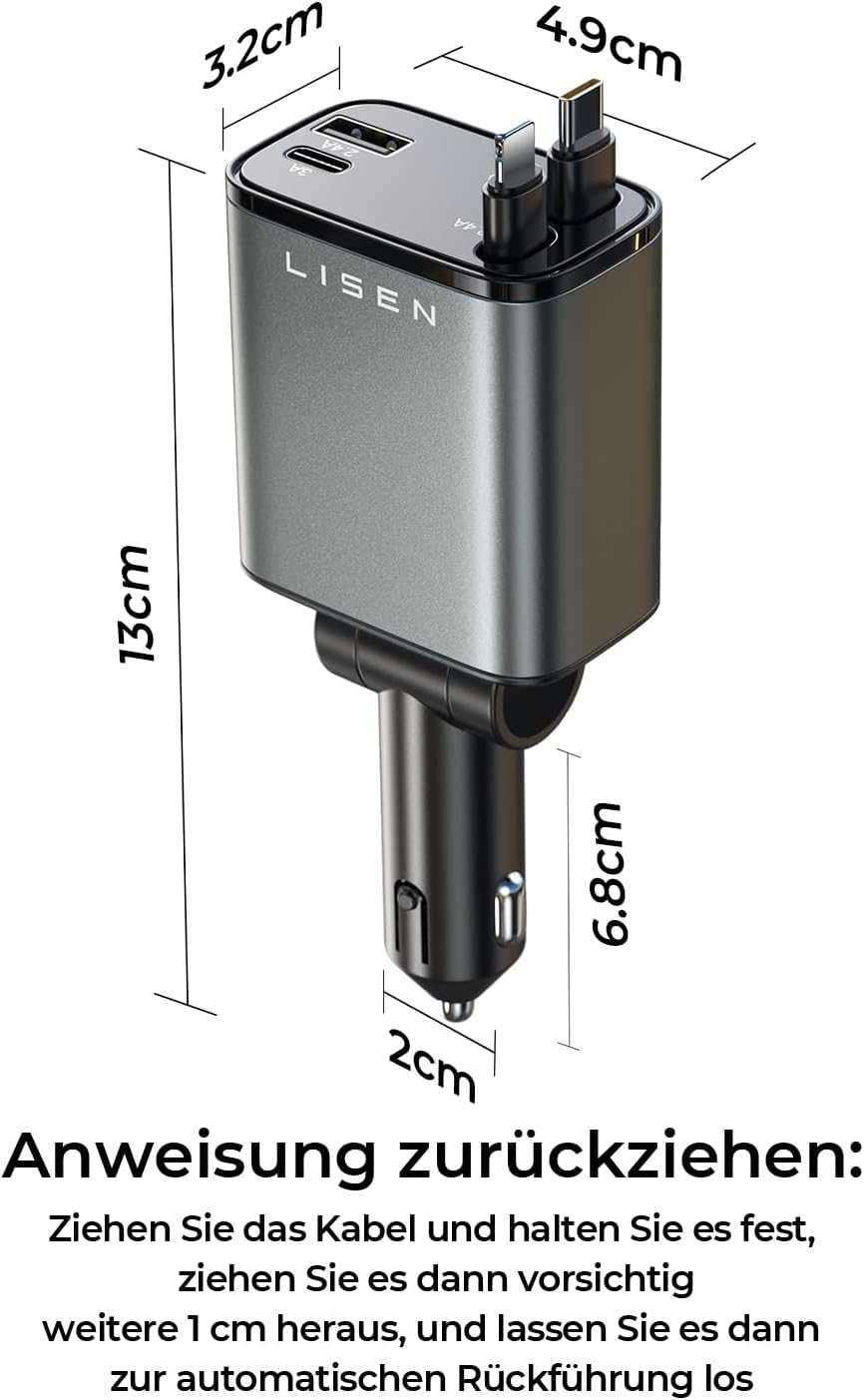 LISEN 69W Einziehbares Zigarettenanzünder USB C Schnellladegerät Ladegerät Auto Retractable ladekabe