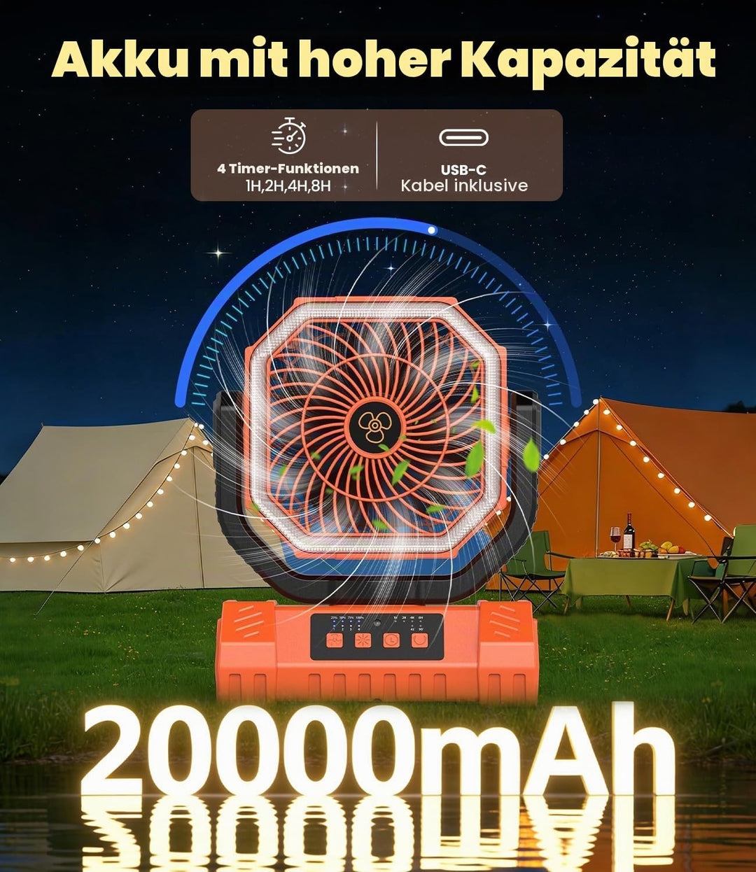 Camping Ventilator, 20000mAh Tragbarer Ventilator Akku mit LED Licht &amp; Fernbedienung, Haken, USB Ven