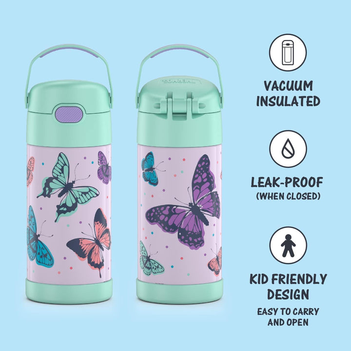 THERMOS Funtainer Kinder-Strohhalmflasche, Edelstahl, vakuumisoliert, 340 ml, Schmetterlingsfrenzy F