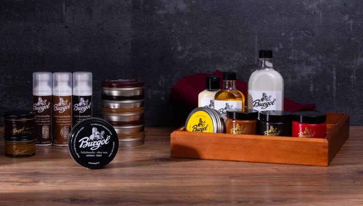 Burgol Schuhpflegeset für rahmengenähte Schuhe dunkelbraun mit Burgol- Bürsten- Ledersohlenöl-Pomade