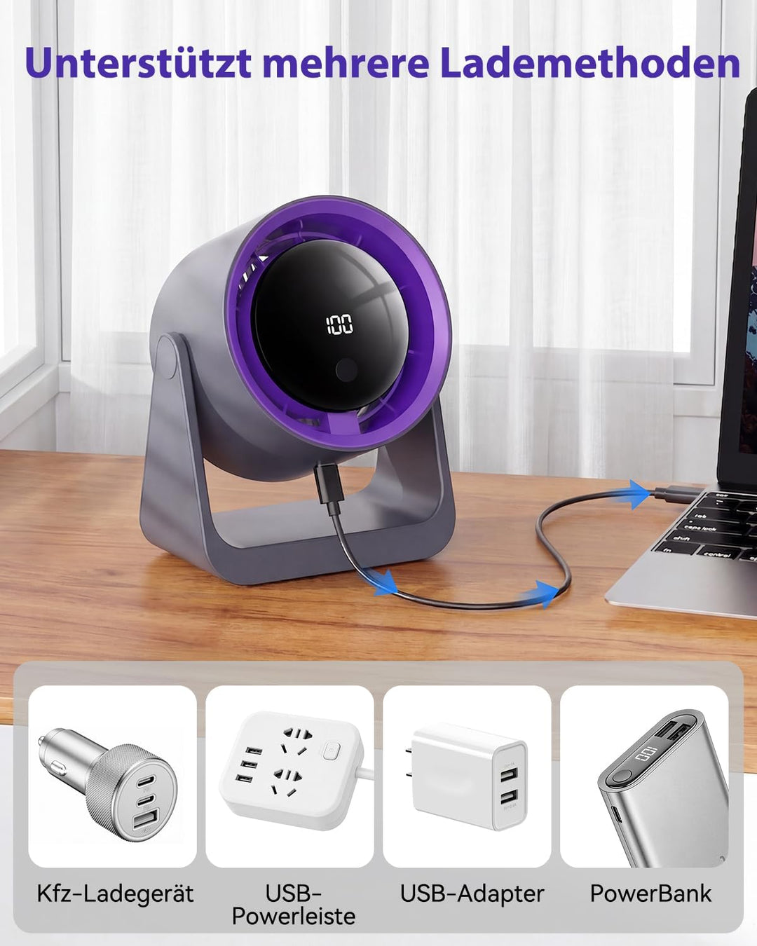 Timiyou Tischventilator Leise mit LED-Anzeige, 100 Geschwindigkeitsstufen, USB-Aufladbar & Tragbar –