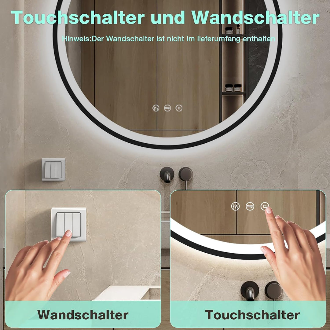 LED Runder Badezimmerspiegel mit Beleuchtung, Antibeschlag, dimmbar, energiesparend, 3 Lichtfarben,