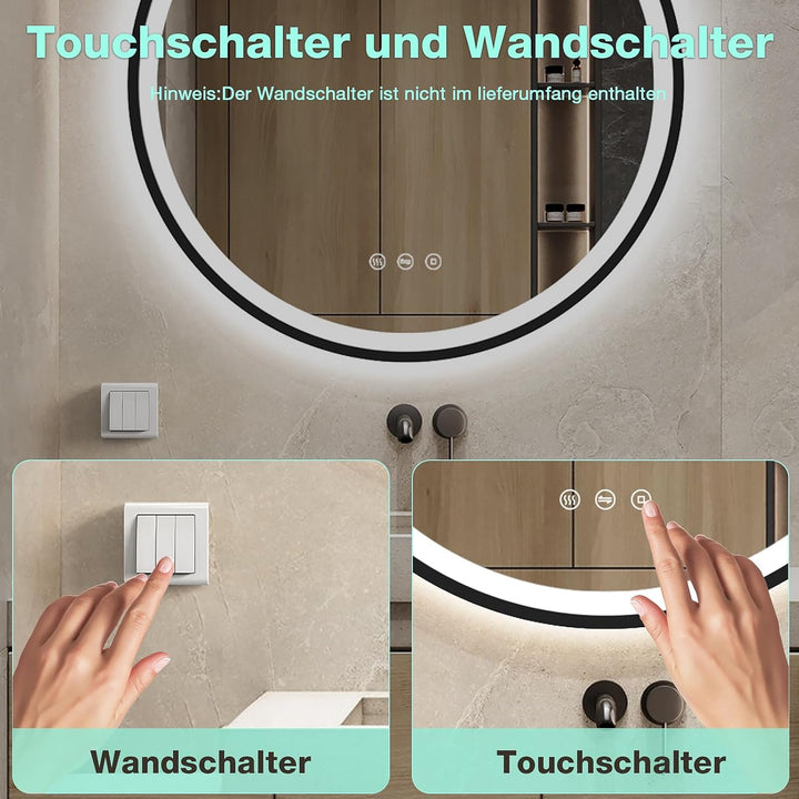 LED Runder Badezimmerspiegel mit Beleuchtung, Antibeschlag, dimmbar, energiesparend, 3 Lichtfarben,