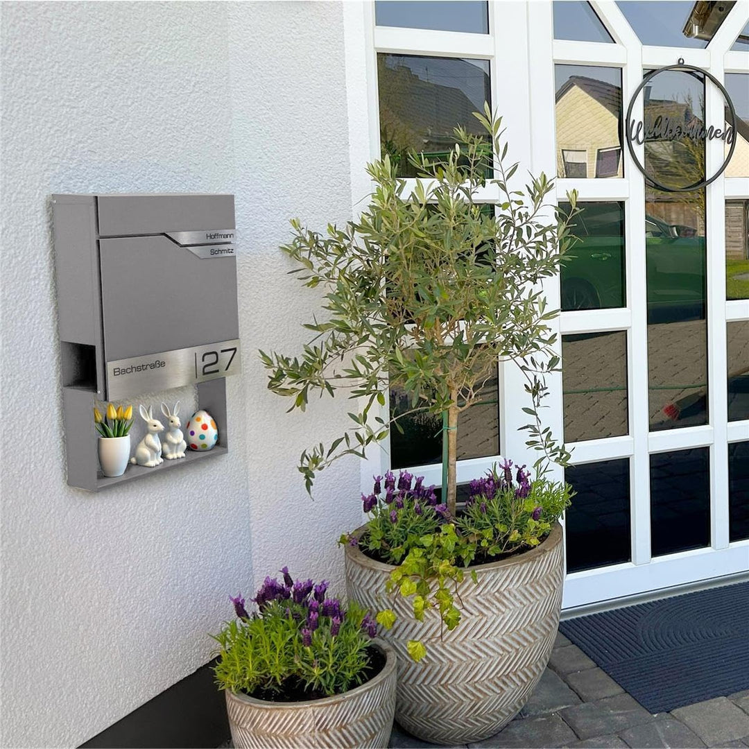 Metzler Briefkasten Grau 2 Parteien mit Zeitungsfach und Hausnummer – Wandbriefkasten mit Zwei Namen