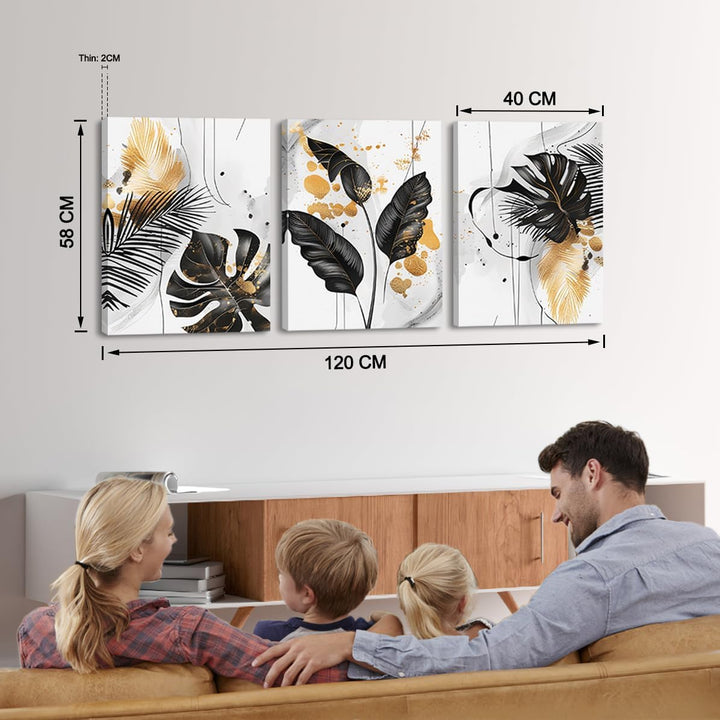 Piy Painting Modern Leinwand Wandbilder, Botanisch Blätter Leinwand Wandkunst, Schwarz Gold Weiss Ei