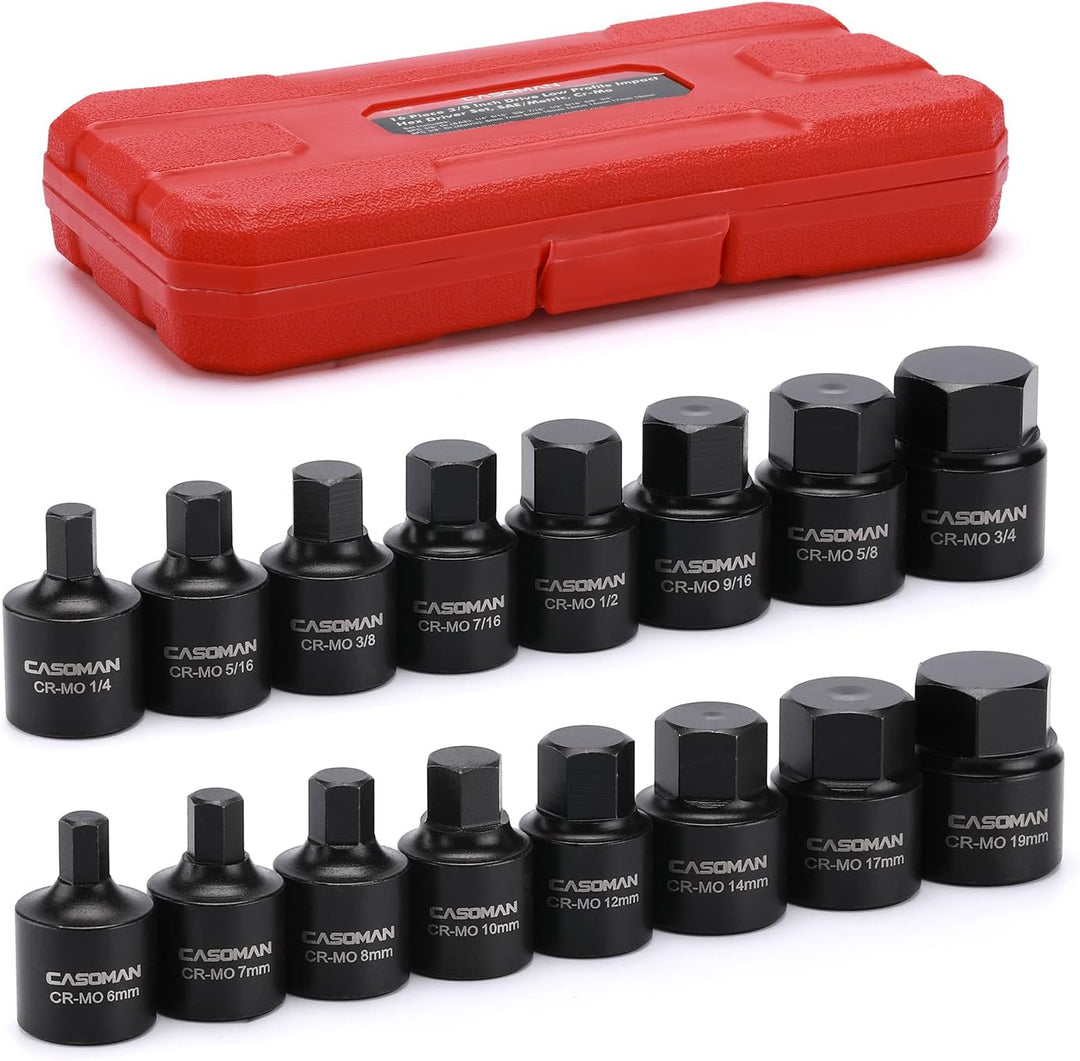 CASOMAN 16 Piece 3/8 Inch Drive Low Profile Impact Hex Driver Set, Cr-Mo, 1/4"-3/4", 6mm-19mm, Impac