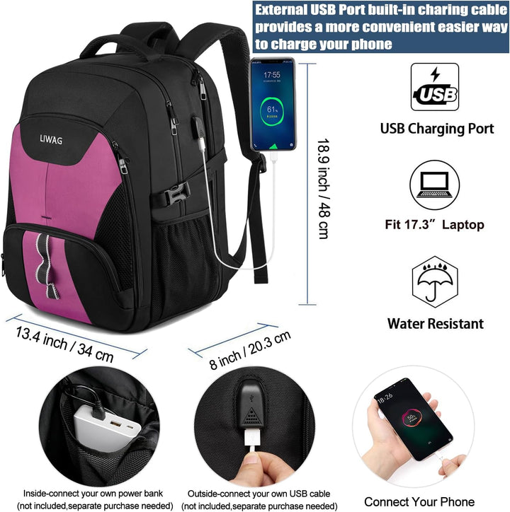 LIWAG Extra Gross Rucksack Damen 50L Wasserdicht 17 Zoll Laptoptasche Arbeit Laptop Rucksack mit USB