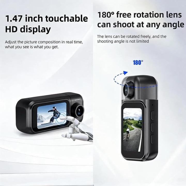 4K Mini Action Kamera WLAN, Daumengrösse mit 1,47” Touchscreen & 180° Drehbarer Linse, Magnetische B