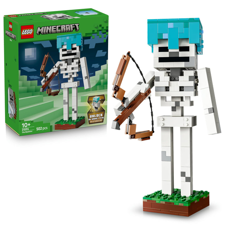 LEGO Minecraft Das Skelett - Mob Figur mit Diamanthelm, Bogen und Pfeil sowie Grasbasis als Zimmerde