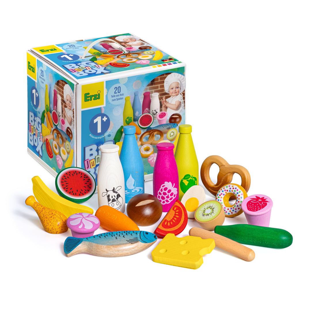 Erzi 28026 Sortierung Big Box Junior aus Holz, Kinderküche, Kaufladenartikel für Kinder, Rollenspiel