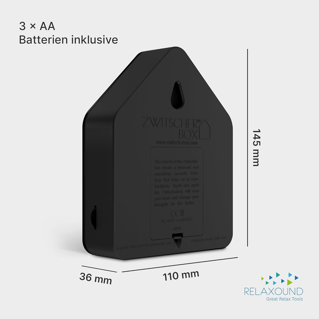 RELAXOUND ORIGINAL Zwitscherbox Black Dark – Moderne Vogelgezwitscher Box – Entspannender Vogelgesan