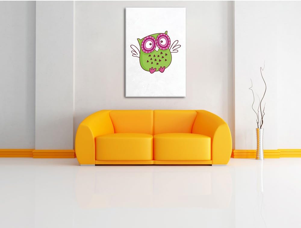 Pixxprint Lustige grüne Eule fliegend weiss, Format: 70x100 auf hochkantiges Leinwandbild, XXL riesi