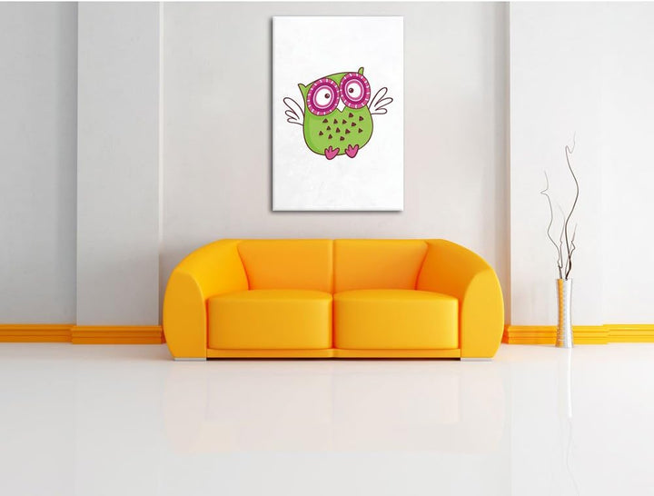 Pixxprint Lustige grüne Eule fliegend weiss, Format: 70x100 auf hochkantiges Leinwandbild, XXL riesi